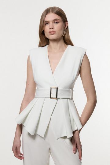 Compact Stretch Belted Peplum Sleeveless Tailored Jacket ivory