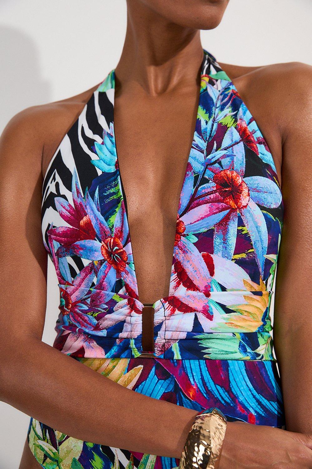 Tropical Floral Plunge Swimsuit | Karen Millen