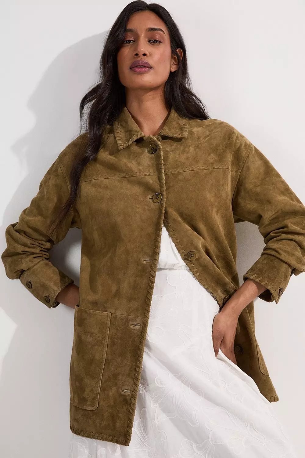 Suede Whip Stitch Detail Collared Jacket | Karen Millen