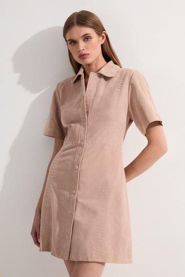 Suede Stab Stitch Button Mini Dress nude
