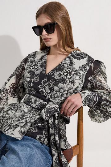 Tile Silk Cotton Wrap Blouse mono