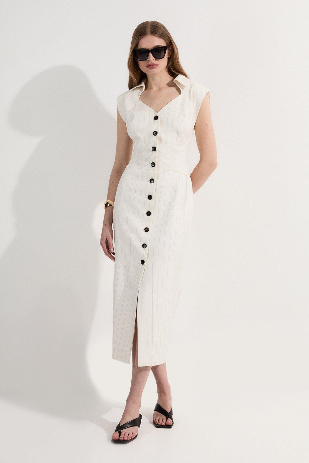 Pinstripe Corseted Tailored Pencil Midi Dress | Karen Millen