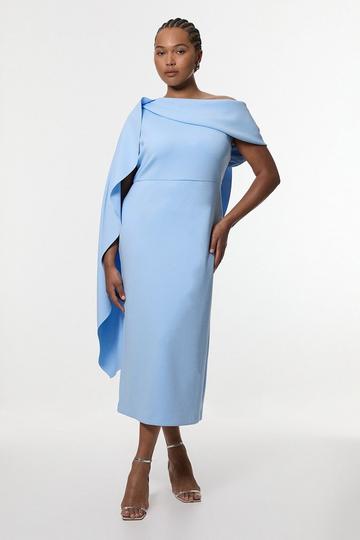 Blue Plus Size Scuba Drama Shoulder Detail Woven Midi Dress