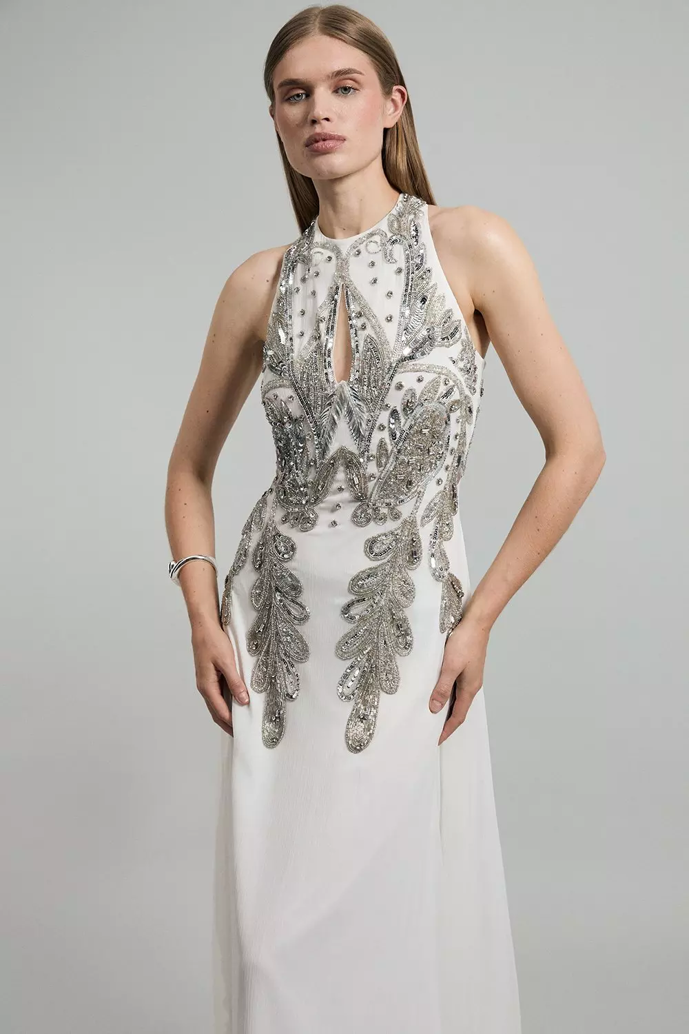 Halter Neck Bugle Bead Detail Woven Maxi Dress | Karen Millen