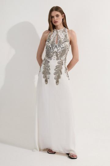 Petite Halter Neck Bugle Bead Detail Woven Maxi Dress ivory