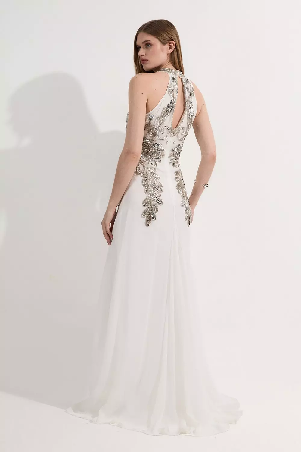 Petite Halter Neck Bugle Bead Detail Woven Maxi Dress