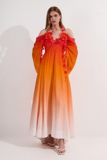 Ombre Applique Printed Cold Shoulder Woven Maxi Dress orange