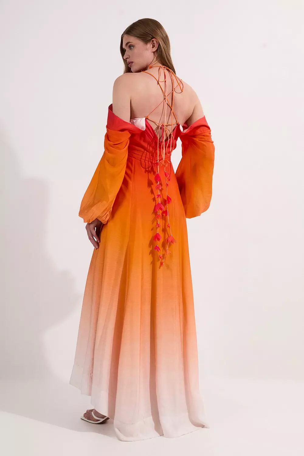 Ombre Applique Printed Cold Shoulder Woven Maxi Dress