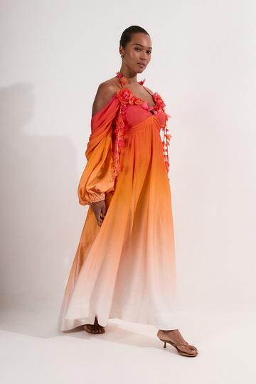 Plus Size Ombre Applique Printed Cold Shoulder Woven Maxi Dress orange