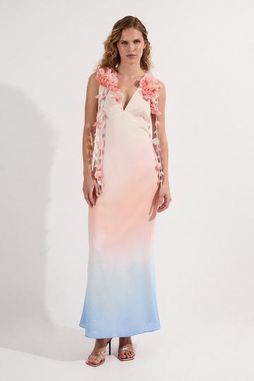 Blue Ombre Applique Woven Halter Woven Maxi Dress