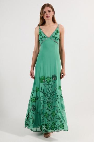 Green Embroidery Beaded Crinkle Woven Strappy Maxi Dress