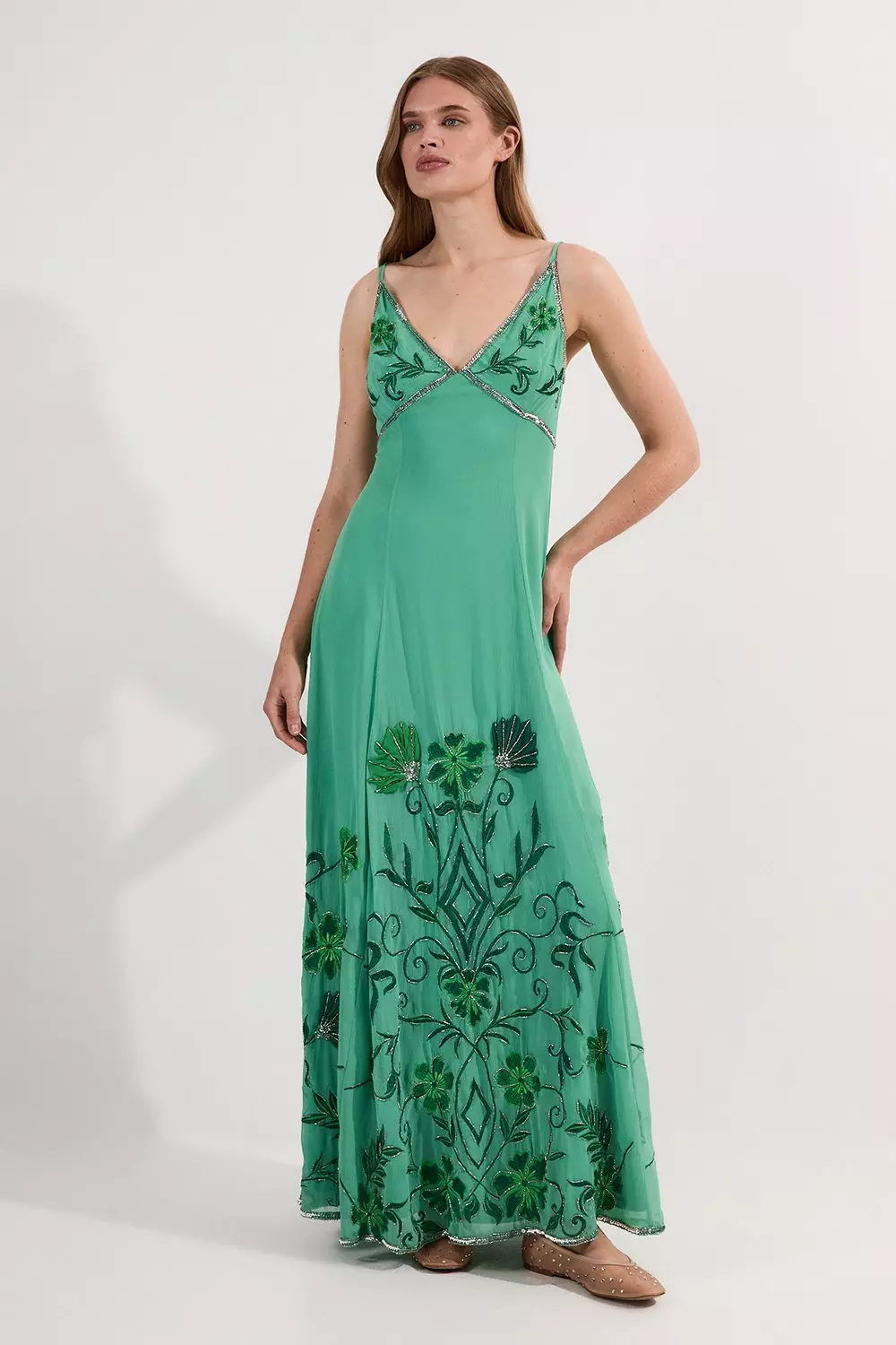 Embroidery Beaded Crinkle Woven Strappy Maxi Dress | Karen