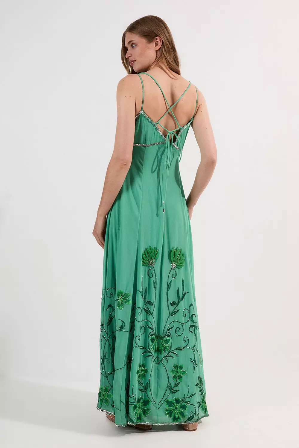 Embroidery Beaded Crinkle Woven Strappy Maxi Dress | Karen