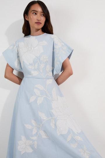 Blue Applique And Beaded Linen Woven Midi Dress With Tie Back Detail