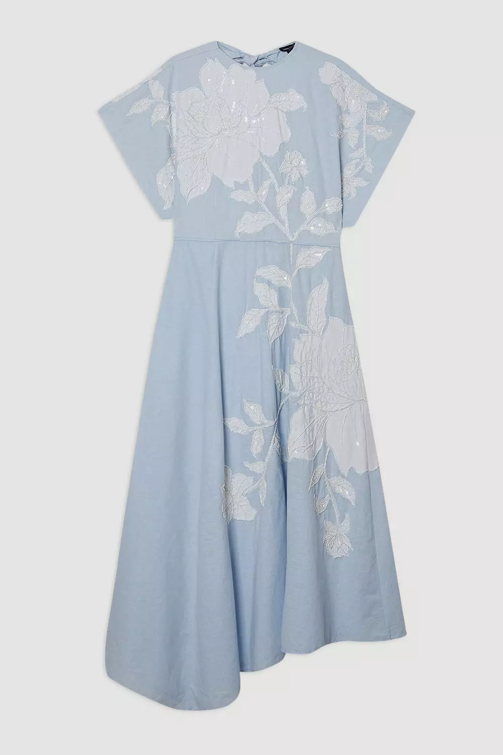 Applique And Beaded Linen Woven Midi Dress With Tie Back