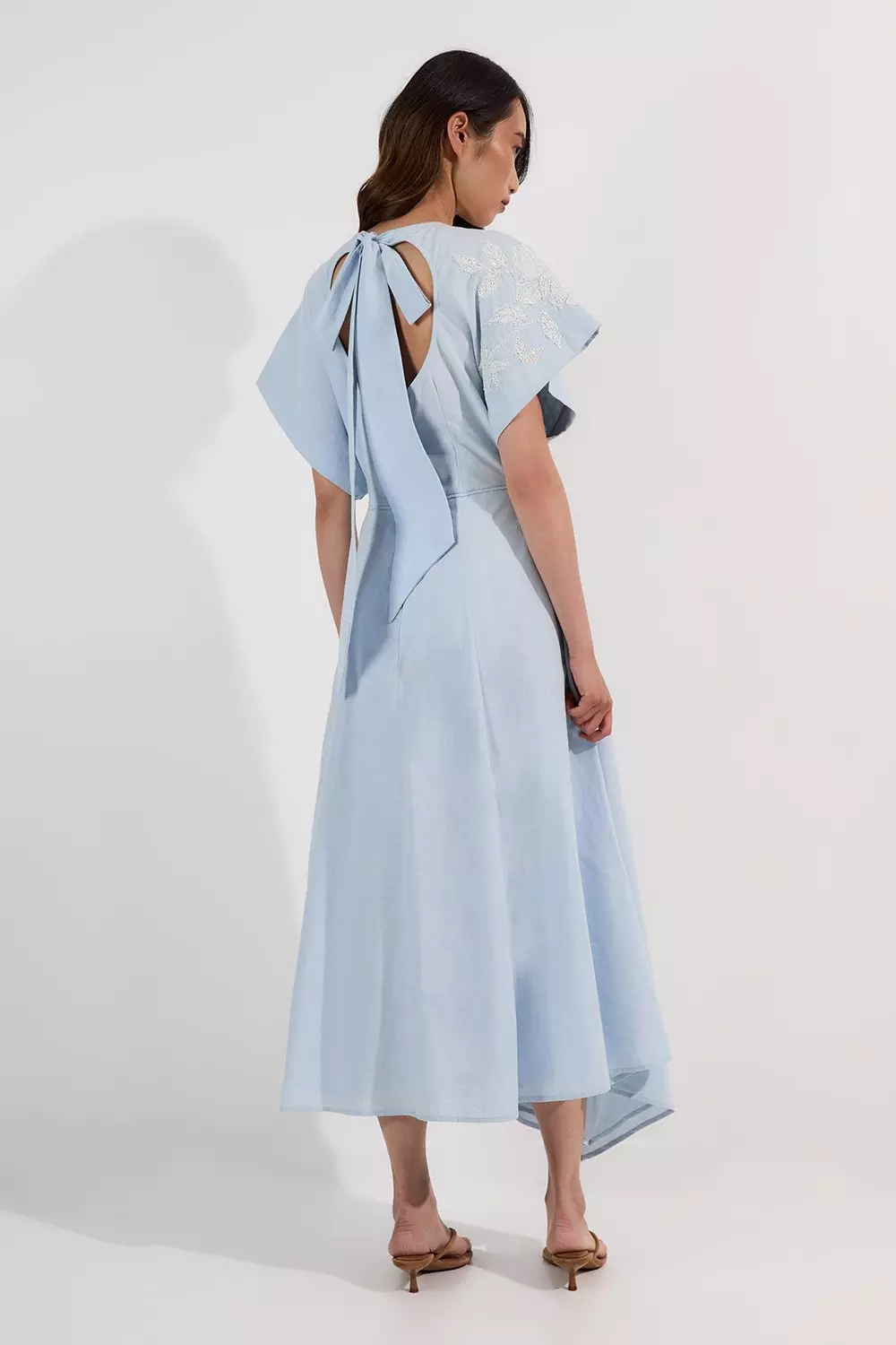 Applique And Beaded Linen Woven Midi Dress With Tie Back