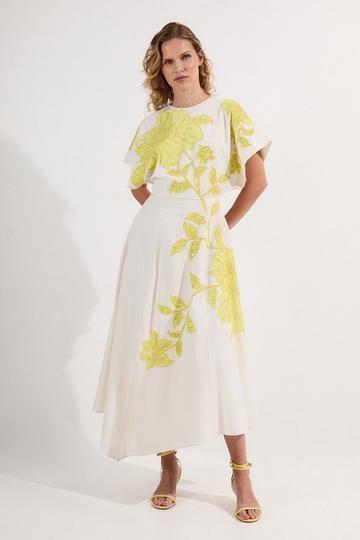 Applique And Beaded Linen Woven Midi Dress With Tie Back Detail lime