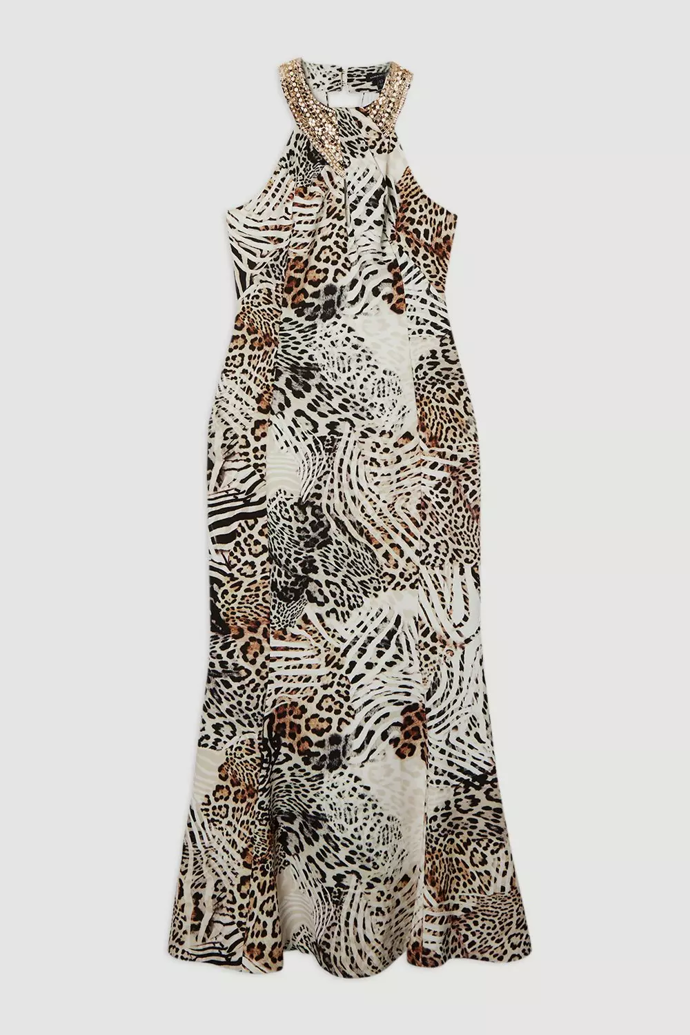 Leopard Viscose Woven Maxi Dress With Gold Chain Neck Detail