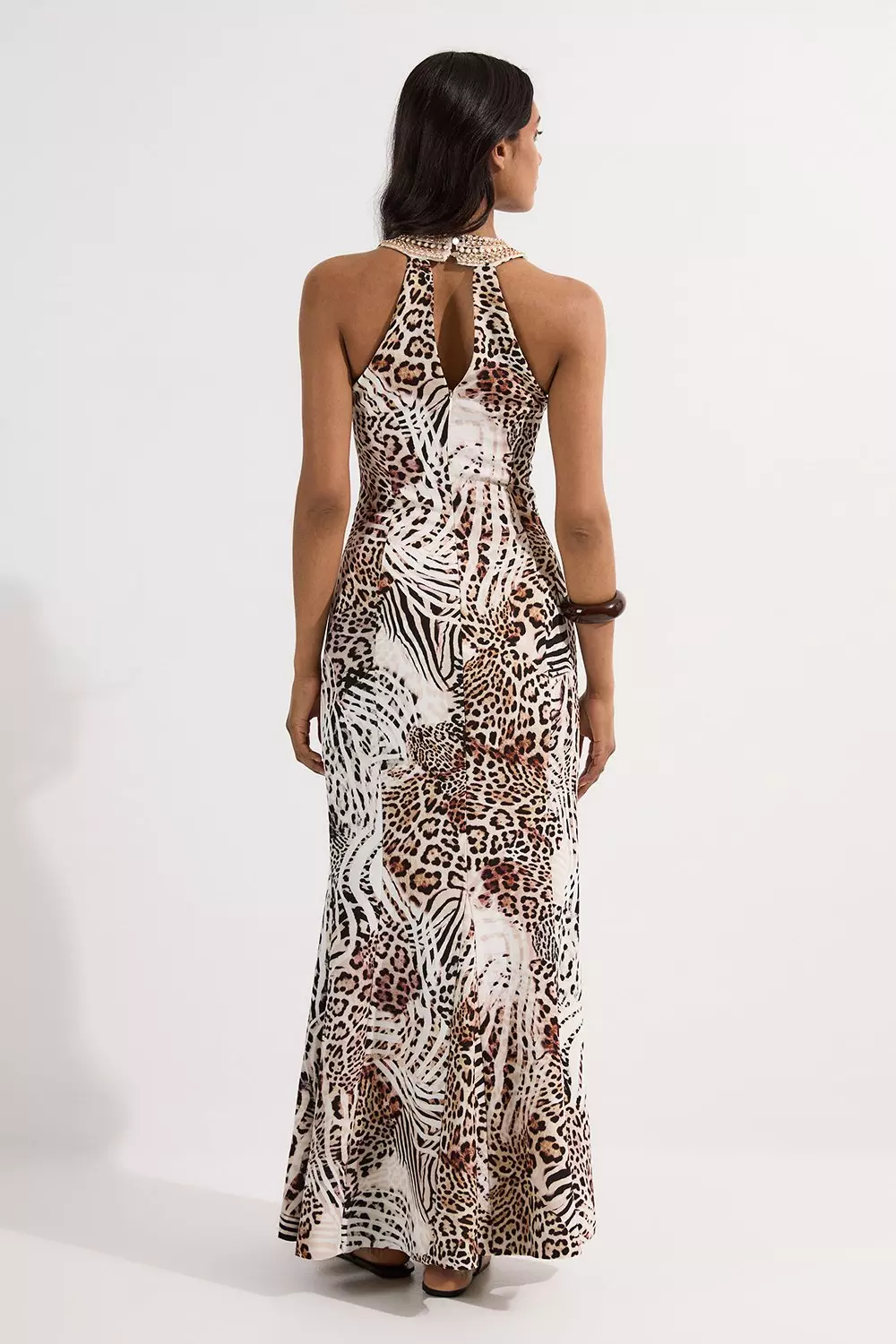 【KAREN MILLEN】タックディテールペンシルミディ ドレス Leopard Viscose Woven Maxi Dress With Gold Chain Neck Detail