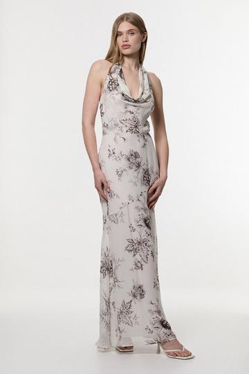 Multi Tall Sheer Viscose Georgette Sketchy Floral Deep V Woven Halter Neck Dress