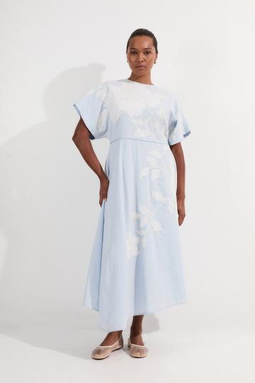 Plus Size Applique And Beaded Linen Woven Midi Dress With Tie Back Detail blue