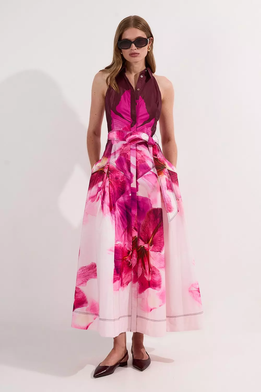 MALBON ♥ Belted Woven Pleats Dress /追跡付 Ditsy Print Button Through Woven Dress with Belt Detail