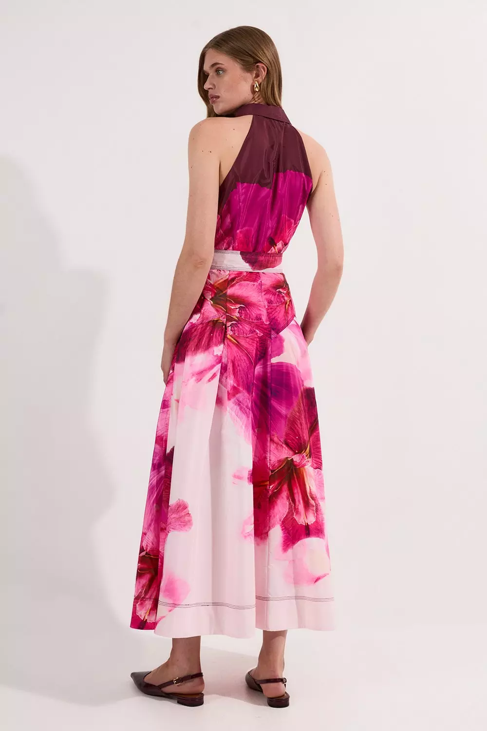 KAREN MILLEN マキシドレス 花柄 Ｖネック 半袖 プリーツ Placed Floral Taffeta Belted Woven Maxi Shirt Dress | Karen