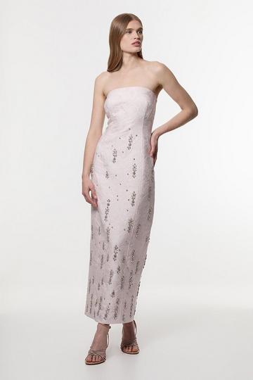 Pink Texture Jacquard Crystal Embellished Strapless Mini Dress
