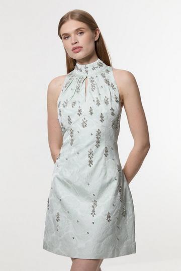 Texture Jacquard Crystal Embellished High Neck Woven Mini Dress sage