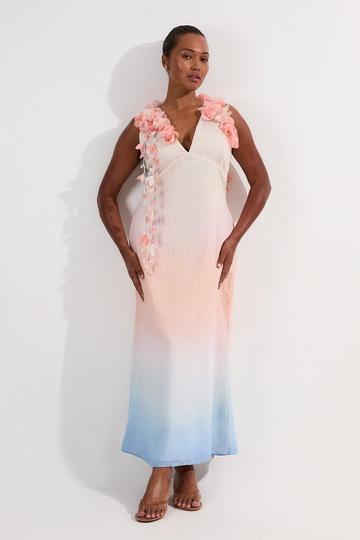 Plus Size Ombre Applique Woven Halter Woven Maxi Dress blue