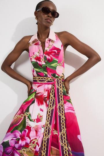 Placed Chain Cotton Sateen Shirt Dress floral