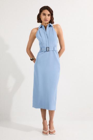 Blue Twill Contrast Collar Woven Halter Neck Midi Dress