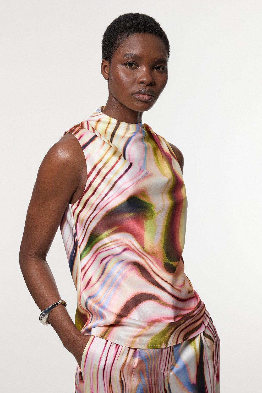 Petite Graduated Stripe Viscose Satin Sleeveless High Neck Blouse | Karen Millen