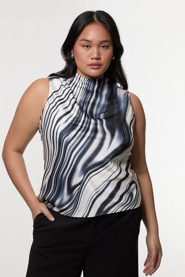 Plus Size Graduated Stripe Viscose Satin Sleeveless High Neck Blouse mono