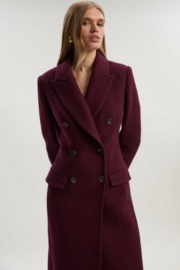 Wool Double Breasted Tailored Midi Coat burgundy