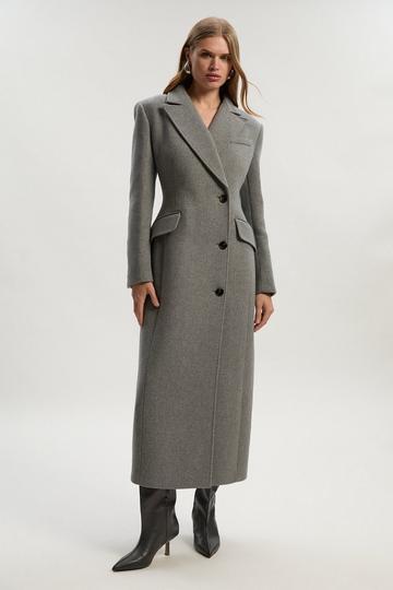 Grey Wool Blend Tailored Fitted Maxi Coat