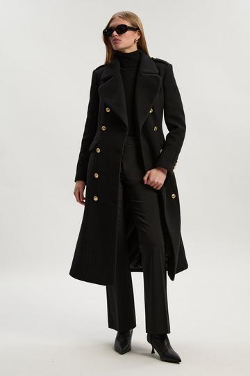 Black Wool Double Breasted Military Tailored Midi Coat