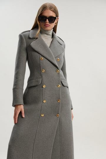 Grey Wool Double Breasted Military Tailored Midi Coat