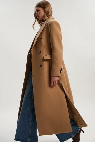 Wool Double Breasted Tailored Maxi Coat camel
