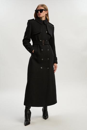 Wool Pu Mix Tailored Belted Trench Maxi Coat black