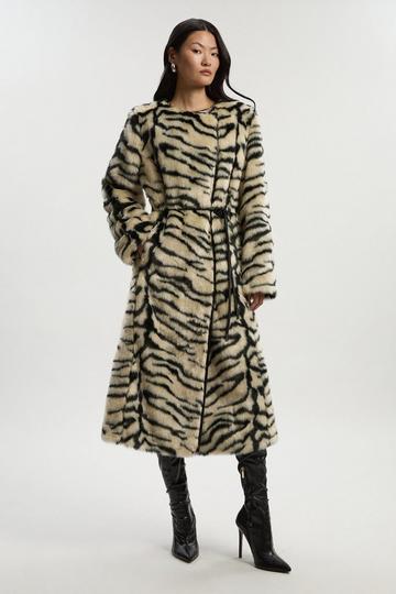 Faux Fur Zebra Collarless Tie Belted Midi Coat mono