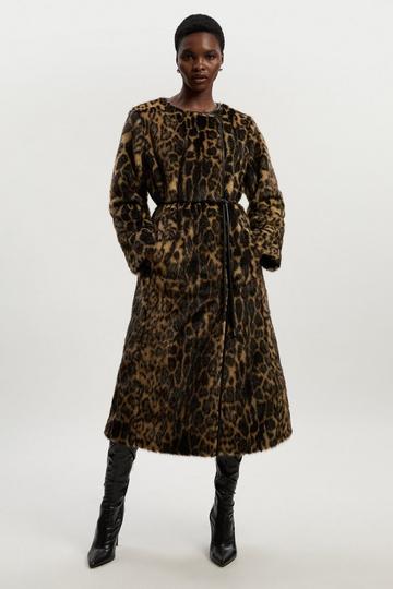 Faux Fur Leopard Collarless Tie Belted Midi Coat multi