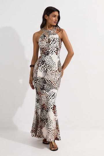 Petite Leopard Viscose Woven Maxi Dress With Gold Chain Neck Detail leopard