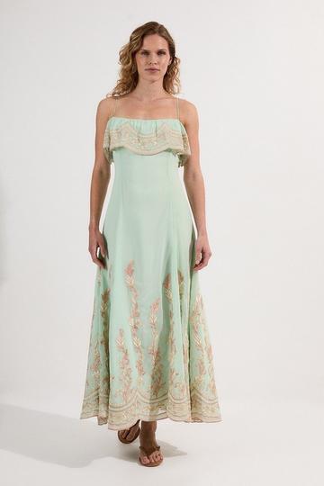 Petite Embroidered Applique Strappy Midi Dress sage
