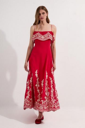 Tall Embroidered Applique Strappy Midi Dress coral
