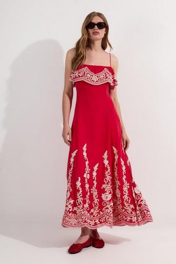 Embroidered Applique Strappy Midi Dress coral