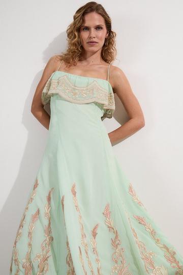 Embroidered Applique Strappy Midi Dress sage