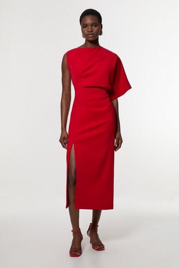 Red Soft Tailored Asymmetric Sleeve Midi Dress