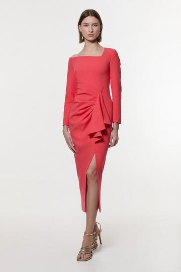 Pink Compact Stretch Asymmetric Neckline Draped Midi Dress