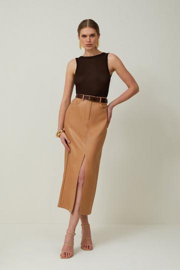 Faux Leather Pencil Midi Skirt camel